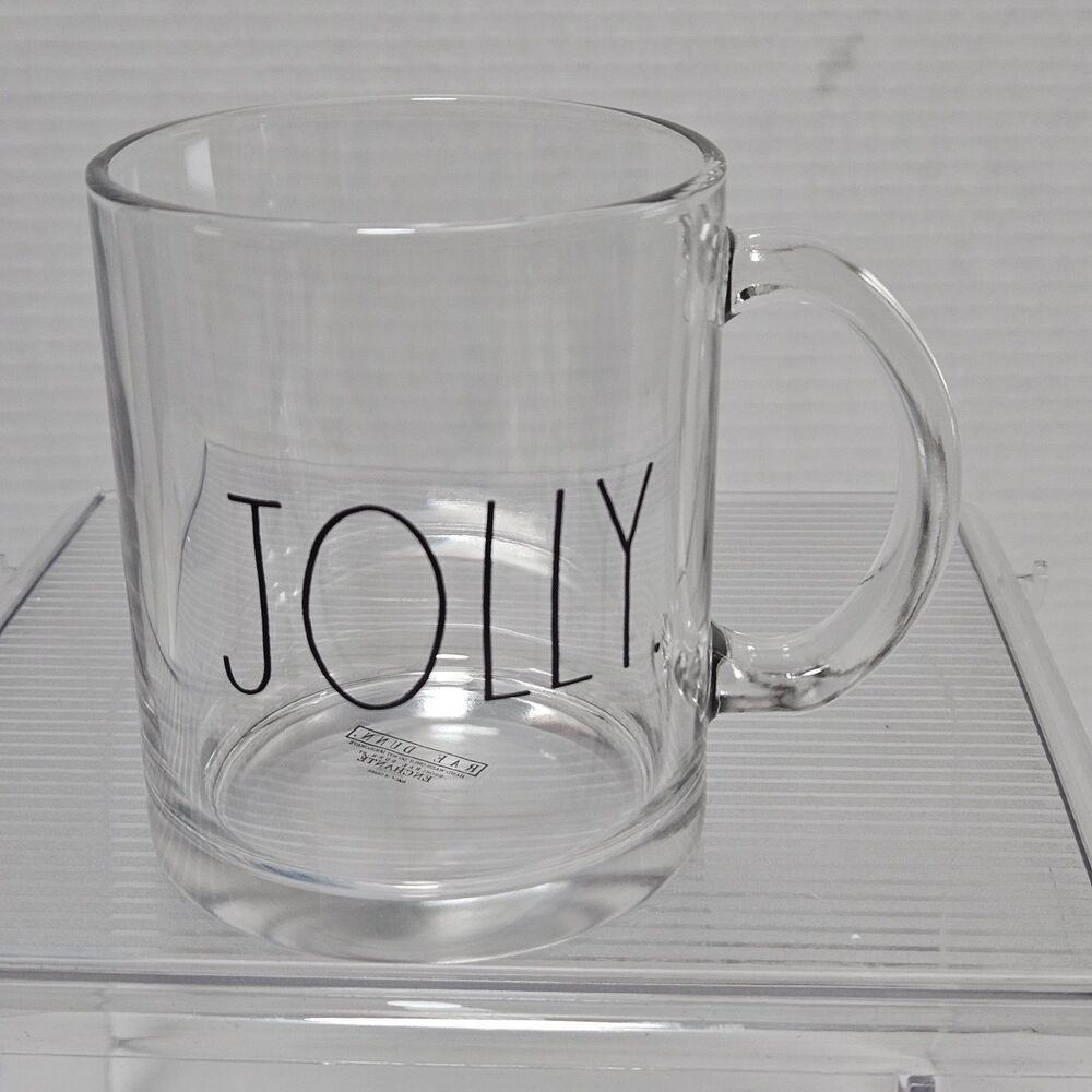 Rae Dunn Mug JOLLY Clear Glass Artisan Collection Enchanté  With Handle Holiday